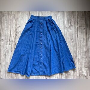 Vintage modest Classic Blue Button-Front A-Line Midi Skirt 100% cotton prairie